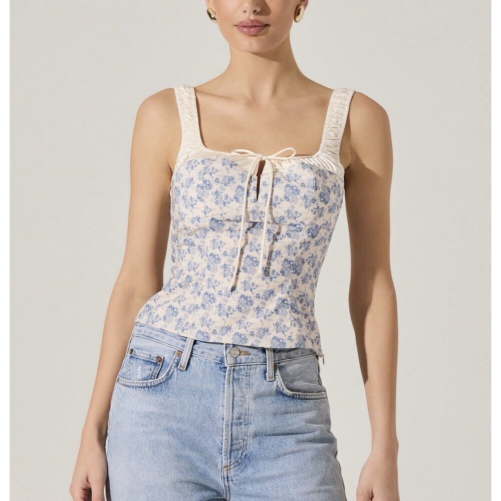 ASTR The Label Milkmaid Top Blue Floral Corset Tie Front Cotton L Cottagecore